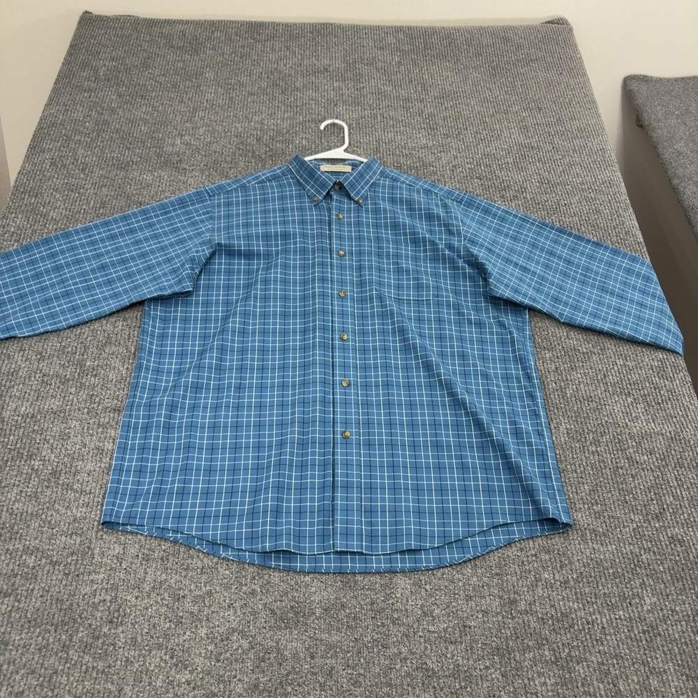 LL‎ Bean Shirt Mens XL Blue Cotton Wrinkle Resistant Plaid Button Down Classic